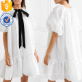 Loose Fit Pussy-Bow Ruffled Satin Short Sleeve White Mini Dress Manufacture Wholesale Fashion Women Apparel (TA0315D)